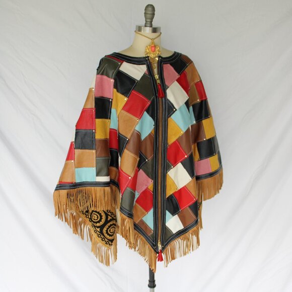 Hand Crafted vintage Leather poncho cape Jacket patchwork studded fringe coat - Picture 7 of 11